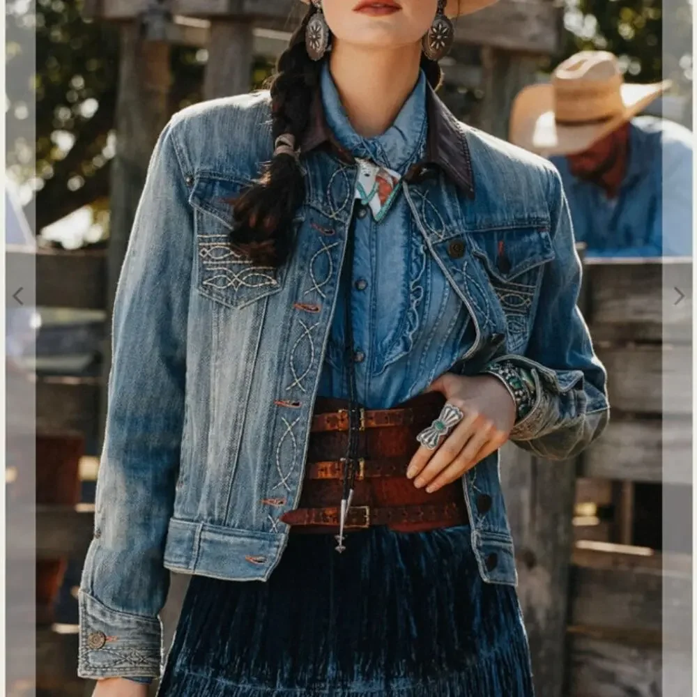 Double D Ranch Lead Steer Denim Jacket 2X Longhorn Cross Stitch Western Rodeo